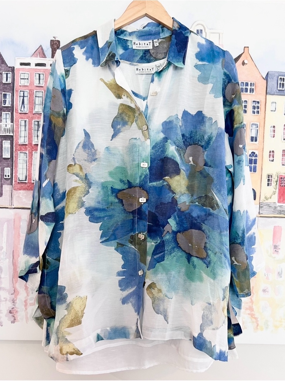 FLASH SALE! Habitat 2 Piece Button-Front Top with Tank Watercolor Linen Blend LG